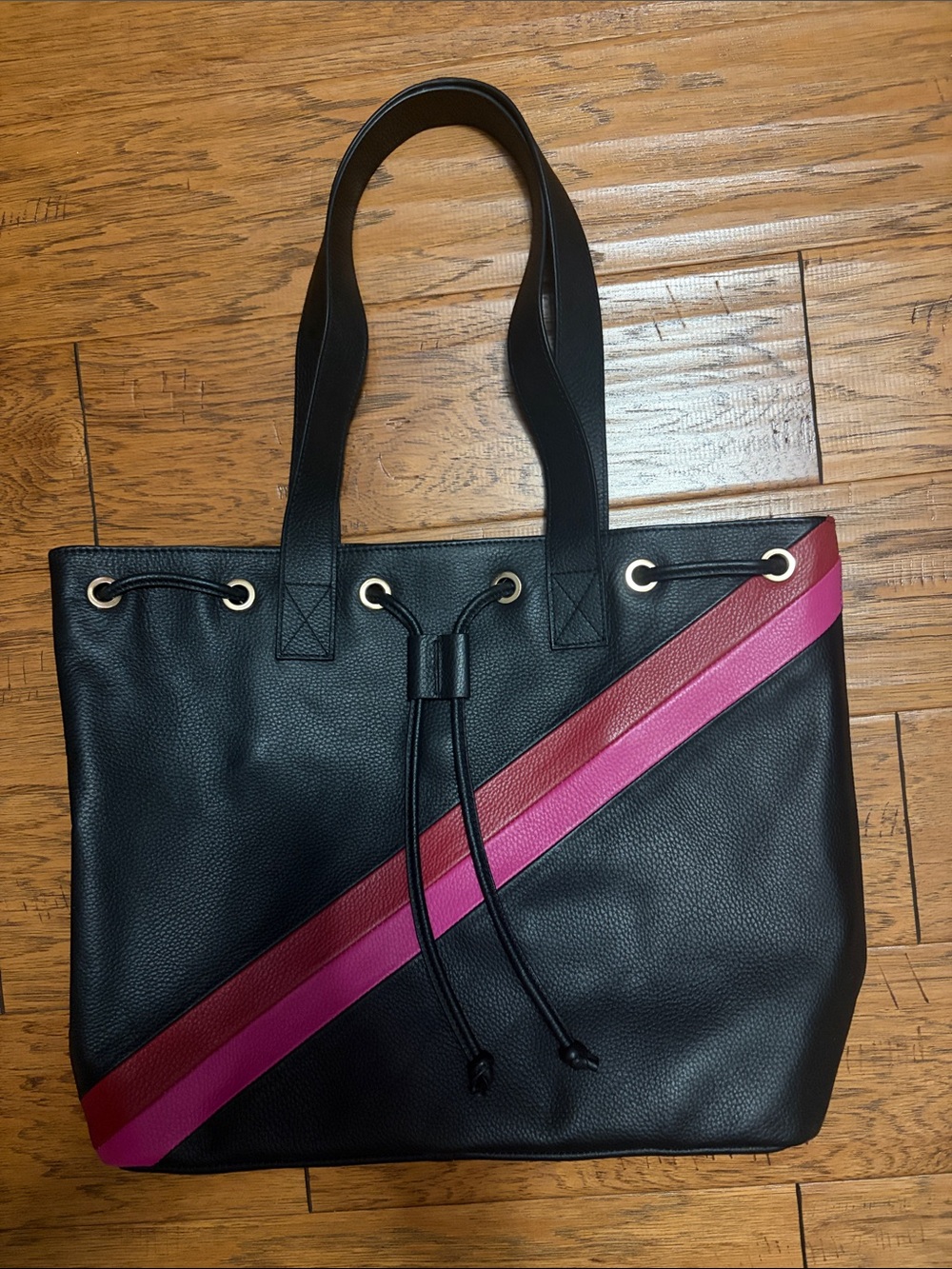 Capital Z Black Tote Bag with Pink and Red Diagonal Stripes